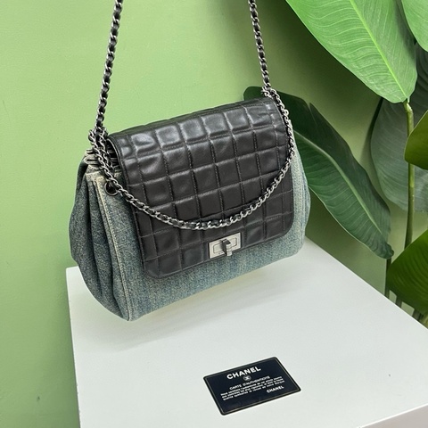 Chanel • 經典2.55冰格拼牛仔鏈條包 做舊銀釦