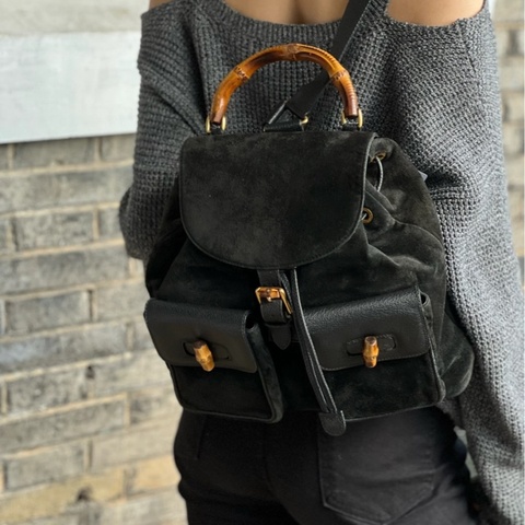 【震撼撿漏價👍🏻全網最低價】💫GUCCI/古馳 黑色麂皮書包竹節