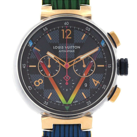 路易威登 Tambour Chrono Damier Cobalt V Rainbow PVDxPG 限量版 QA129 SSxPG 自動腕錶