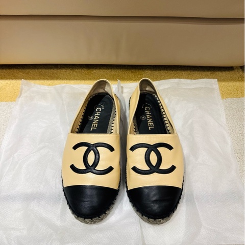 Chanel 香奈兒 米色拼黑色漁夫鞋/休閒鞋/皮革款/39號/96新美品