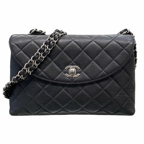 CHANEL 香奈兒 菱格紋雙C銀扣翻蓋鏈條包 荔枝牛皮 黑色 銀釦