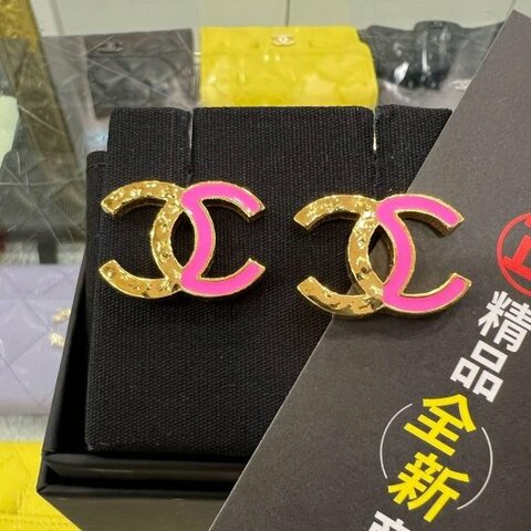 東區正精品㊣CHANEL ABC500 全新香奈兒金色拼粉色雙C針式耳環RZ6568