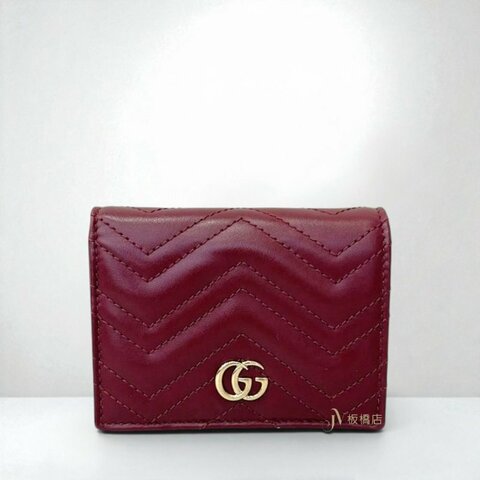 JS1556-GUCCI 酒紅色牛皮Marmont金釦對開短夾 466492