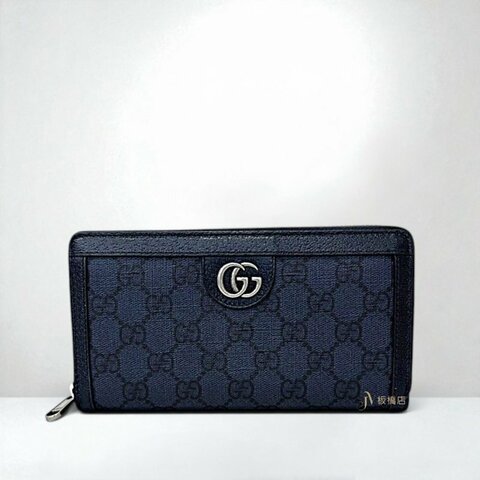 JS1549-GUCCI 原花拚深藍牛皮銀釦ㄇ拉長夾 706844