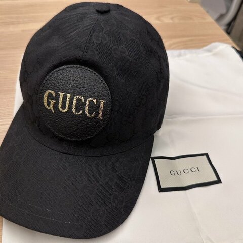 GUCCI 燙金皮標LOGO老花 緹花布 黑色棒球帽 有購買明細