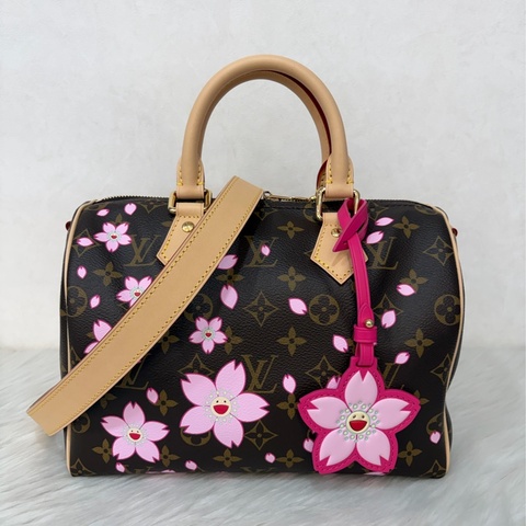 LV M14174 老花金扣村上隆微笑櫻花 Speedy25 波士頓包 手提包 肩背包 修背包