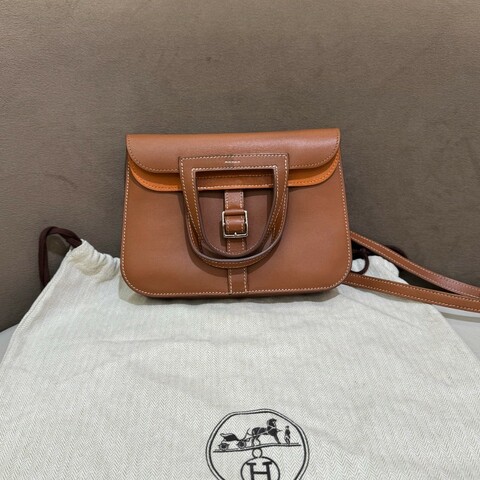 hermes 愛馬仕 mini halzan 金棕拼焦糖色內裡 銀扣