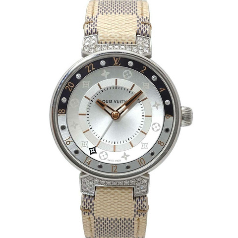 路易威登 Tambour Moon 雙時區 MM GMT QA108 女士腕錶，錶耳鑲嵌 12 顆鑽石，黑色鑽石，銀色錶殼，石英機芯。