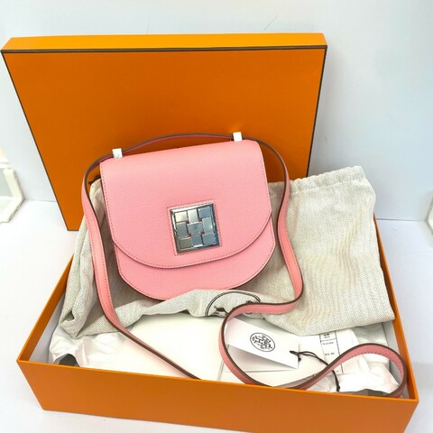 全套❤️HERMES Mosaique 17 mini馬賽克包 1Q奶昔粉銀扣 Epsom皮