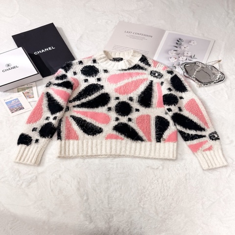 CHANEL 粉黑幾何圖案羊絨真絲長袖針織上衣