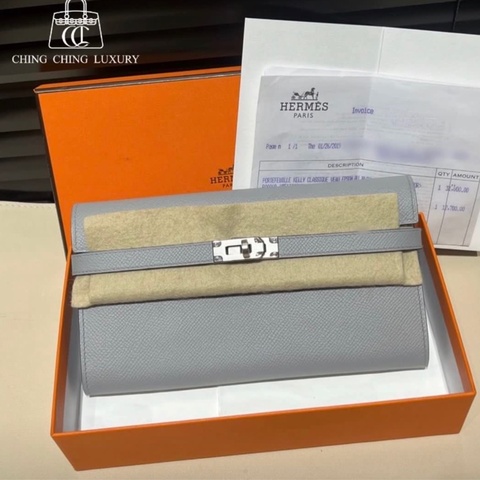 🌈Hermes🩵Kelly Wallet長銀包🩵8U冰川藍色銀扣🌟有單🩵99.5新🌈Epsom皮🌟Stamp C🌟貼膜在🌟有盒🩵 Kellywallet🌟kelly🌟愛馬仕🌟