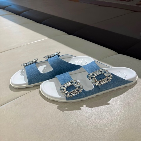全新 Roger Vivier 牛仔鑽釦拖鞋