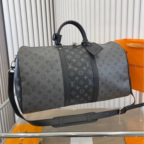 👜LV路易威登｜黑色拼灰色keepall50 行李/旅行包｜99新芯片款
