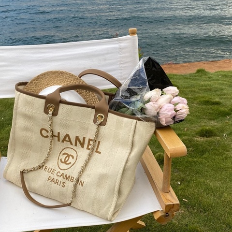 Chane香奈兒🖤 淡米色棕皮手提款沙灘包💗深淺相間暗條紋💕98新✨29開有保卡