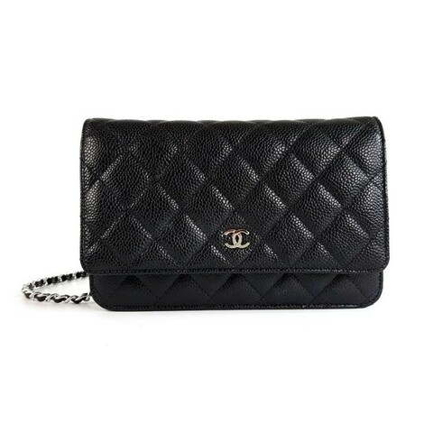 CHANEL 黑銀荔枝牛皮WOC發財包鏈條包單肩包 23年購證