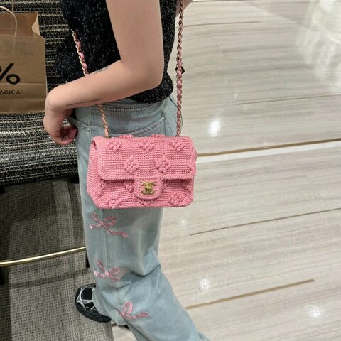 CHANEL 24P櫻花粉 金扣編織CF肩背斜背包 20*13*7 99新配件塵袋