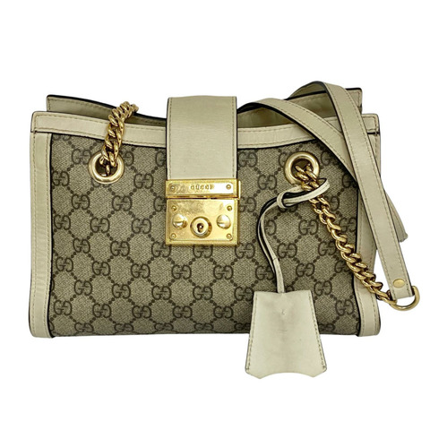 ☆ GUCCI 古馳 Beige and White Coated Canvas Padlock Shoulder Bag 米色和白色塗層帆布肩背包 498156 -267015233