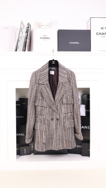 Chanel 01年秋冬秀款棕白格纹双排扣四口袋大衣外套