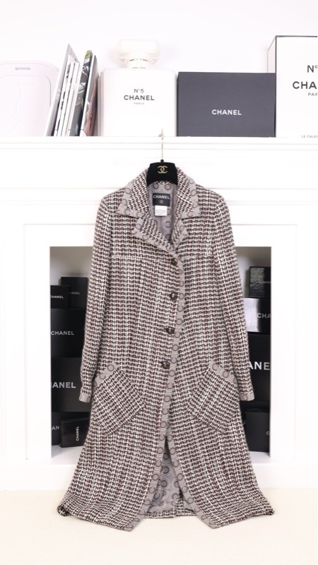 Chanel 01年秋冬秀款棕白格纹两口袋大衣外套