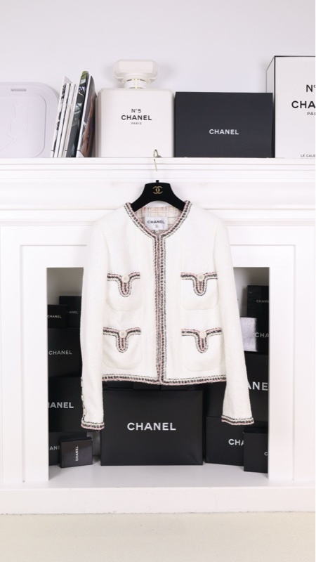 Chanel 20C车站系列秀款刘诗诗同款粉白滚边四口袋上衣外套FR38 24/4