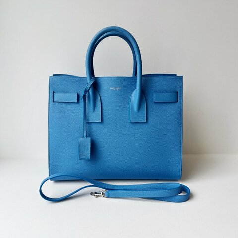 YSL 風琴包藍色，顆粒牛皮32x25x15cm 98新配件肩帶、鑰匙