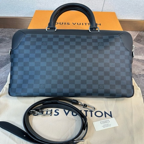 未使用 Louis Vuitton路易威登 經典款藍黑棋盤格拼皮 公文包 手提單肩斜挎包 內有隔層 可以放電腦