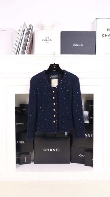 Chanel 93年秋冬秀款深蓝色亮片金扣两口袋外套