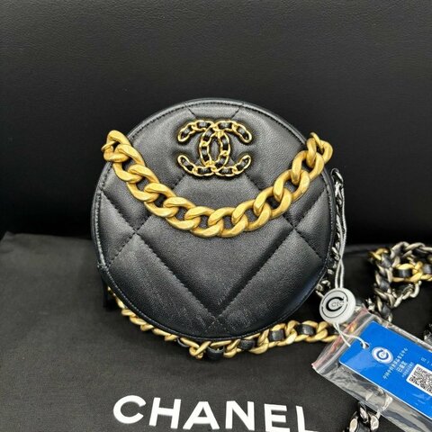 香奈兒/Chanel 19Bag 黑金mini菱格羊皮 圓餅鏈條包