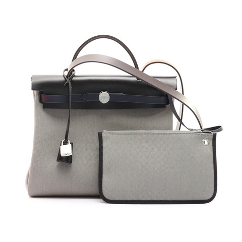 HERMES 愛馬仕 Herbag Zip 31 兩用包 灰色帆布 黑/棕牛皮 W刻 銀扣