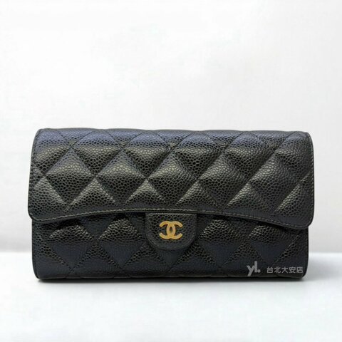 B6470-CHANEL 黑金荔枝牛皮下蓋長夾 AP0241