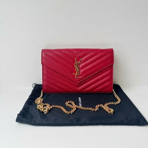 YSL 信封woc鏈條包 中號 紅金荔枝牛皮 22.5x14x4 99新配件塵袋