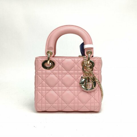 DIOR Lady戴妃包三格粉色羊皮革淺金扣肩背包