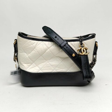 CHANEL GABRIELLE流浪小號黑白牛皮革29開金銀扣黑底肩背包