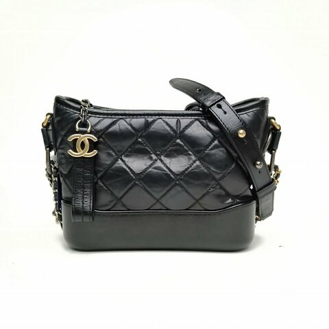 CHANEL GABRIELLE流浪小號黑色牛皮革24開金銀扣肩背包