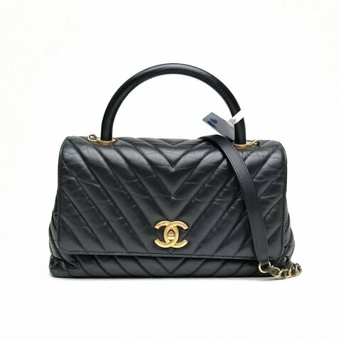CHANEL CocoHandle中號黑色牛皮革26開金扣肩背包