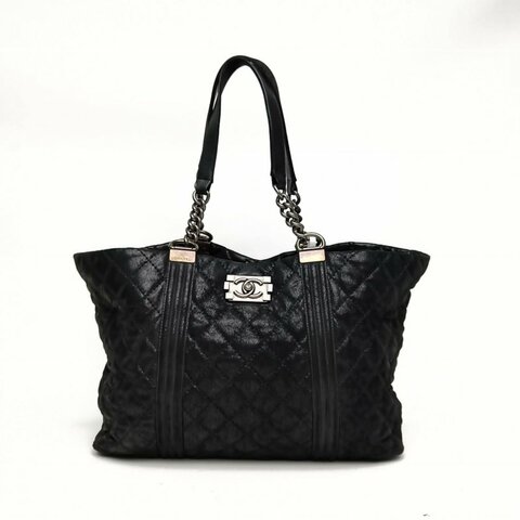 CHANEL 黑色羊皮革18開銀扣Leboytote托特包購物袋肩背包