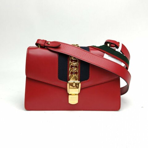 GUCCI Sylvie塞爾維亞絲帶包小號紅色牛皮革金扣肩背包