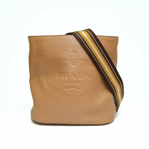 PRADA 棕色牛皮革米色水桶包斜挎包肩背包