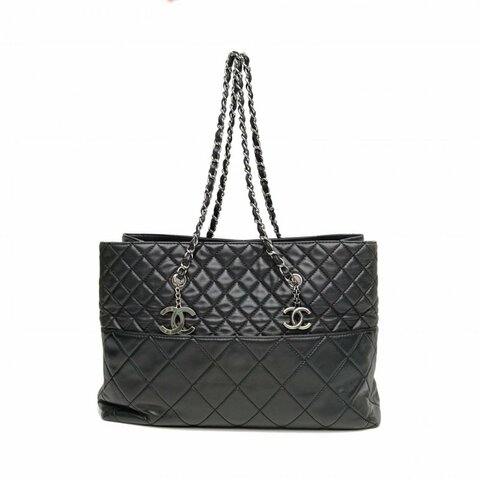 CHANEL 黑色羊皮革14開銀扣雙C吊墜tote購物袋肩背包