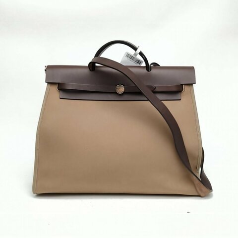 HERMES Herbag39大象灰帆布/Hunter牛皮框N銀扣肩背包