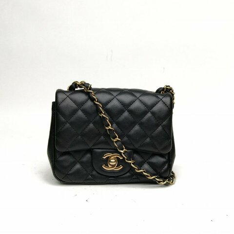 CHANEL CF口蓋包方胖子黑色牛皮革晶片開金扣肩背包