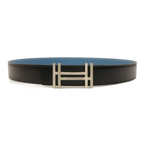 HERMES Togo皮革H Au Carre Belt 90cm皮帶Bleu Azur/Noir