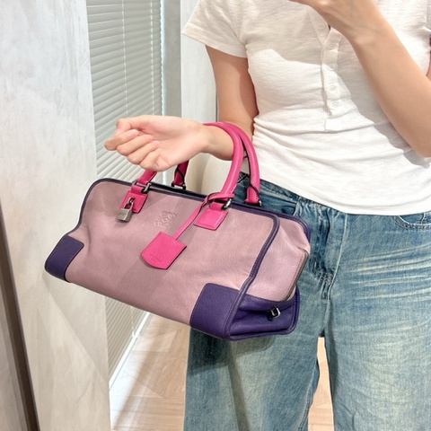 98新 LOEWE/羅意威 Amazona拼色手提包 紫色+玫紅配色
