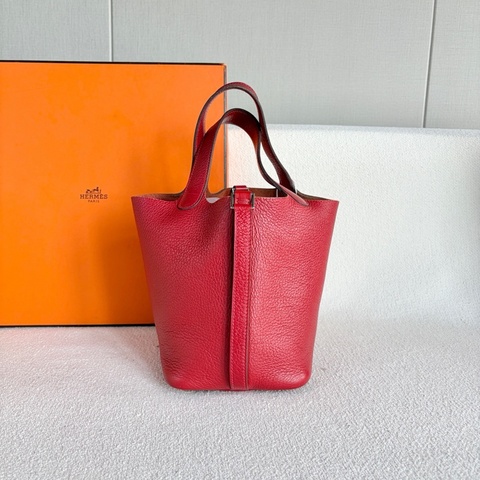 Hermes • 經典國旗紅Tc皮銀釦菜籃子 Picotin 18 🈶原廠塵袋