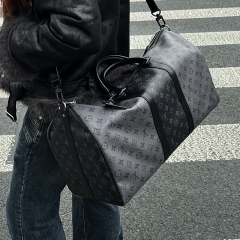 Louis Vuitton 路易威登👑 黑色拼灰色keepall50 行李/旅行包💕 99新✨芯片款