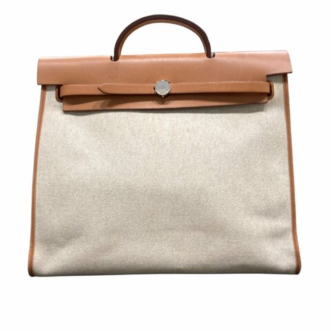 HERMES 愛馬仕 HERBAG MM  肩背包 素面 帆布 棕色 銀釦