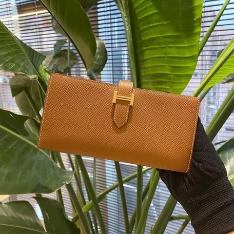 Hermes • 經典金棕金釦Epsom皮Bearn翻蓋長夾 🈶購證