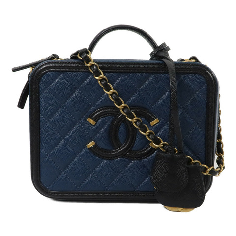 CHANEL 牛皮皮革CC Filigree Vanity Case Medium鏈帶手挽肩背兩用袋