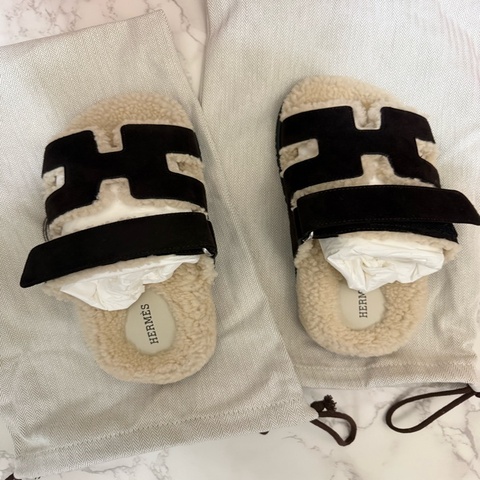 💖Hermes 毛毛拖鞋 二舅鞋 二舅毛拖💖 深棕色 全新 38/38.5號