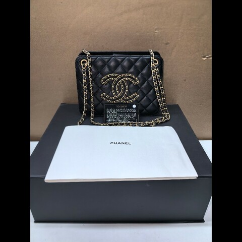 Chanel 黑金菱格皮穿链logo风琴斜挎单肩包